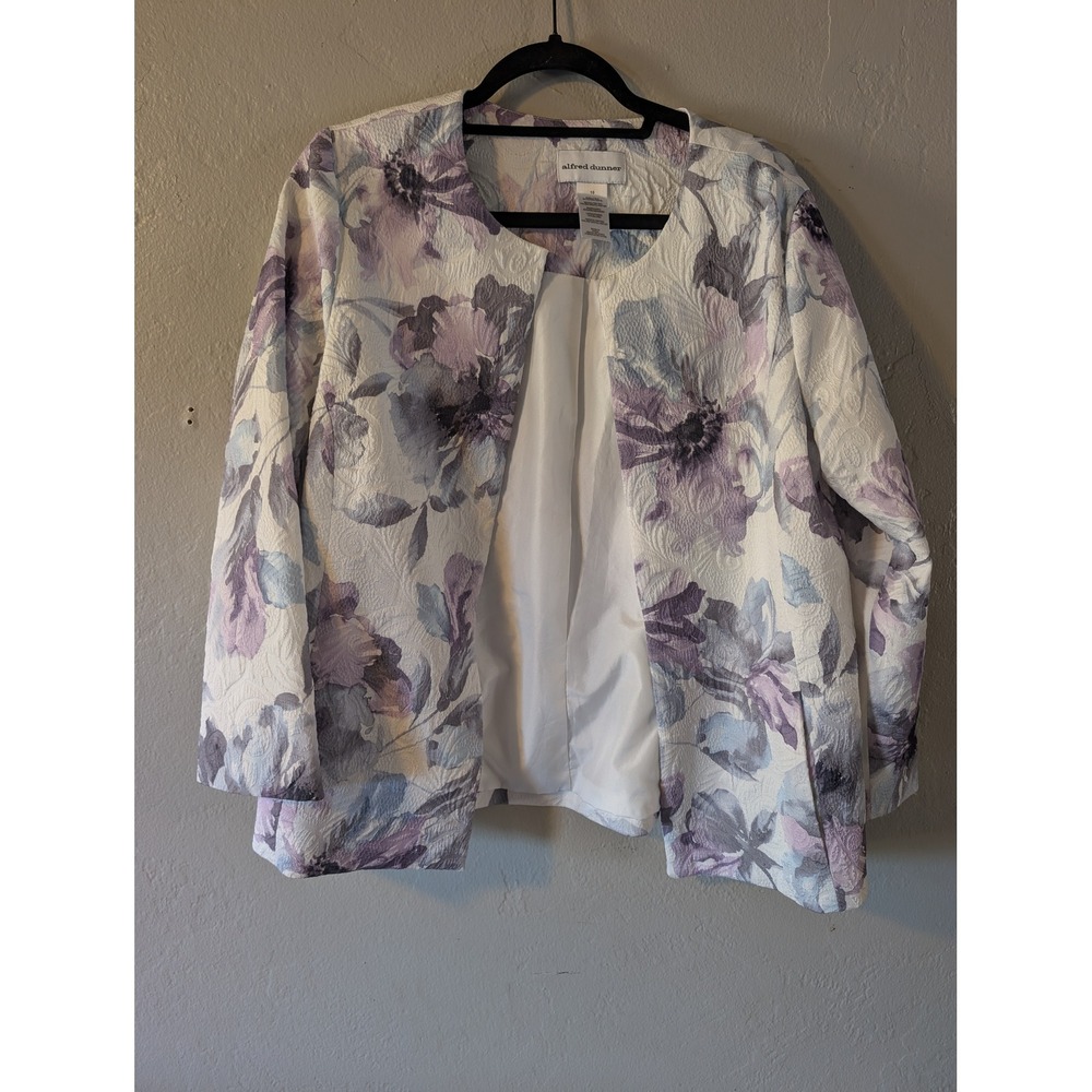 Alfred Dunner Floral Jacquard Jacket Blazer size 10 Purple Blue Open Front